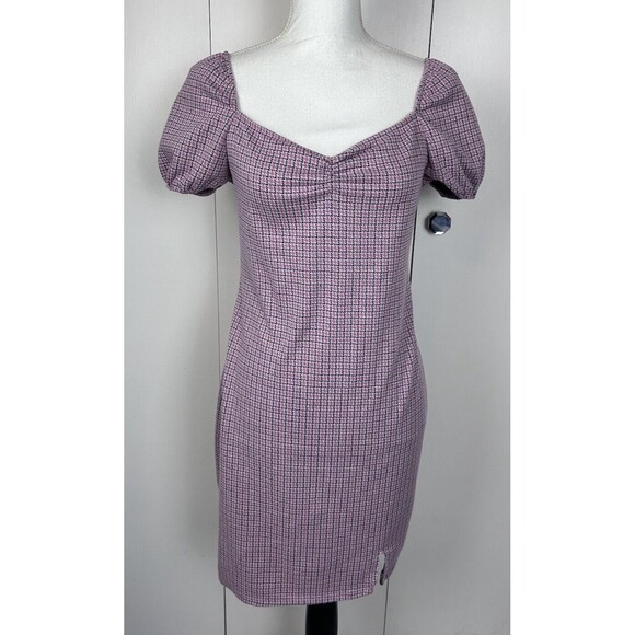 Rue 21 Short Sleeve Herringbone Pink Plaid Puff Sleeve Dress Women's Size L Y2k - Picture 1 of 9